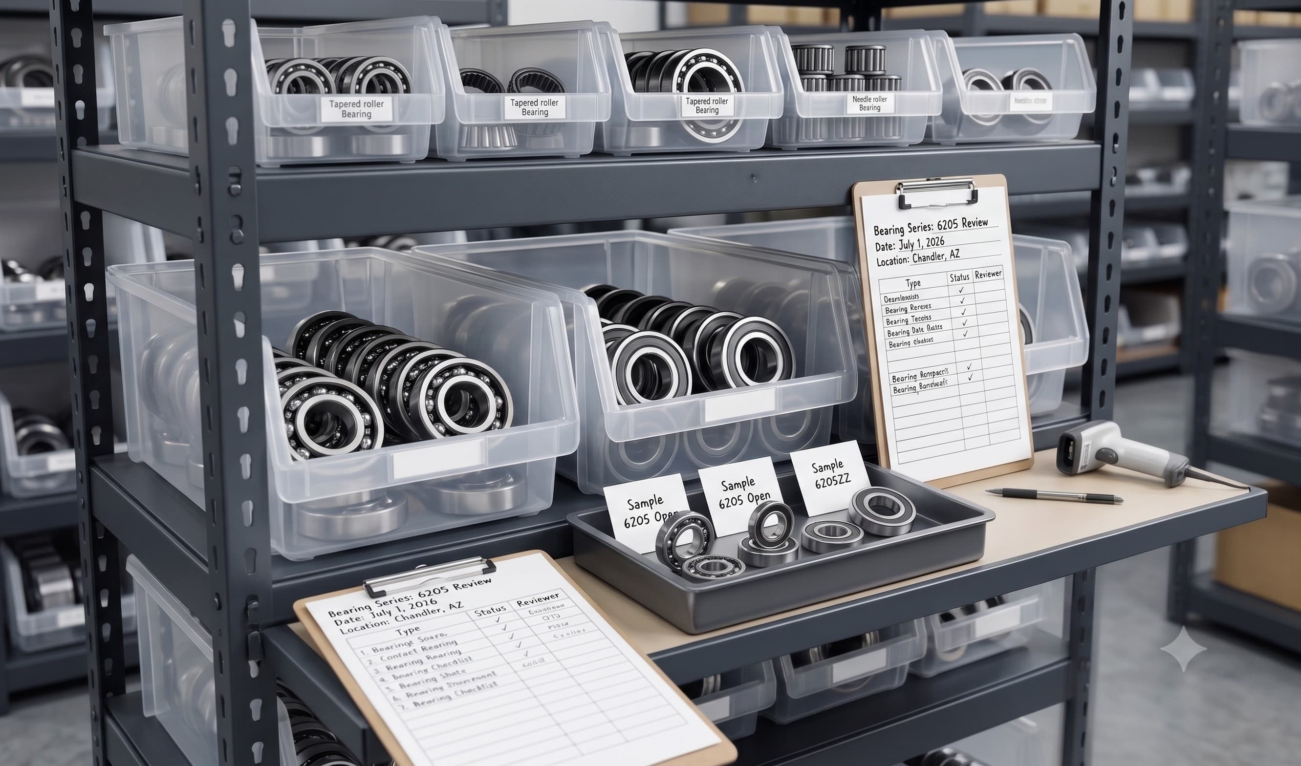 Organized bearing warehouse shelf for RFQ review